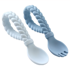 itzy ritzy 編織造型矽膠湯匙 Set 環形手柄設計 食品級矽膠, 天使藍, 湯匙 + 叉子, 1組