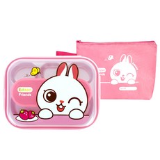 Edison 愛迪生 Friends系列不鏽鋼餐盤 Set 粉色 (25*19.5*6.6 公分), 兔子, 不鏽鋼分隔餐盤1入 + 便當蓋1入 + 餐具收納盒1入 + 便當袋1入, 1組