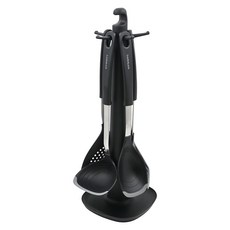 LocknLock 樂扣樂扣 矽膠料理廚具組, 鍋鏟+湯勺+拌炒匙+漏勺+料理夾+收納架, 黑色, 1組