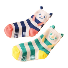 Bebehome日本不勒腳防滑繽紛純棉襪2件組 12~18cm 條紋小熊 學步襪