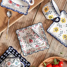Maison Objet Praca 方形咖啡杯碟4人8件組, 1組, 鳶尾花 + 阿德莉亞 + 黃色三色堇 + 玫瑰藤