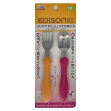 KJC EDISON 小巧型嬰幼兒學習餐具組 叉子 + 湯匙 1歲以上適用, 橘色 + 桃色, 1組