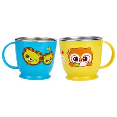 Edison 愛迪生 Friends 防滑不鏽鋼杯組 304不鏽鋼材質 防滑矽膠底部, 藍色獅子+黃色貓頭鷹, 1組, 240ml