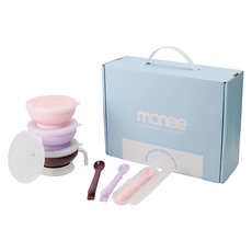 monee 寶寶學習餐具禮盒, 草莓粉 + 薰衣紫 + 可可色, 手把底座1個 + 幼童湯匙2支 + 寶寶湯匙1支 + 湯匙收納盒1個 + 寶寶碗零食蓋1個, 1組