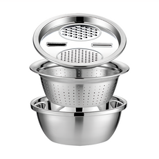 好物良品 三用食品級刨絲洗菜煮湯三件套鍋組 (直徑28x高10cm), 上層多功能刨絲器 + 中層瀝水盆 + 外層不鏽鋼湯鍋, 1組, 不鏽鋼