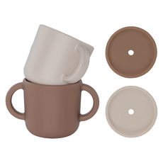 By Lille Vilde 矽膠雙耳杯2件組 Set 附蓋及吸管 食品級矽膠 耐熱-40°C~230°C, 咖啡 + 奶茶, 150ml, 1組