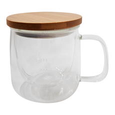 Caldo卡朵生活 植粹木紋耐熱玻璃附蓋泡茶杯, 木紋 + 透明色, 400ml, 1個