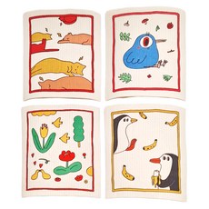 SHIMOYAMA 日式木漿棉吸水抹布 裝白底印花 4片, 1包