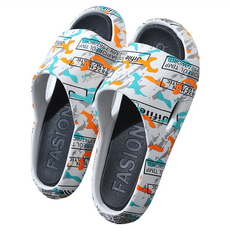 室內家居軟Q拖鞋 塗鴉, 中空內凹設計 舒適回彈, 防滑鞋底 EVA材質 防水耐髒, 黑白色, 44~45, 1雙