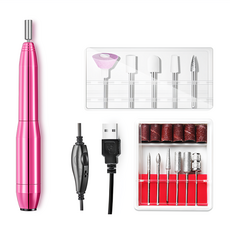 鋁合金便攜電動美甲機 附金屬打磨器, 玫粉色, 贈打磨頭17件組, USB供電, 1個
