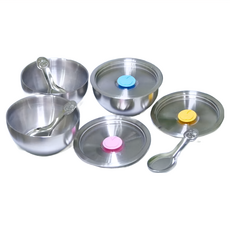 愛寶 316全不鏽鋼矽膠防漏水碗組, 3碗3蓋3湯匙, 一體成形, 雙層隔熱, 碗口 11.2cm x 高 5.5cm + 湯匙 10.8cm, 1組