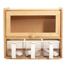 ACACIA HOME 掀蓋式調味料收納櫃組, 含勺, 掀蓋式收納櫃 30*13*28.5cm*1個+調味罐含勺匙 650ml*3個, 1組