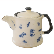 美濃繪貓 直筒茶壺 -日本製 寬18cm／高13cm 陶瓷材質, 460ml, 1個