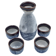 JUST HOME 日式藍彩浪紋陶瓷清酒1壺4杯組, 壺6 x 13.5cm + 杯5 x 4cm 35ml, 1組