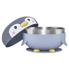 KOM 海洋歷險趣 不鏽鋼兒童矽膠學習碗 灰企鵝 可愛動物造型, 1個