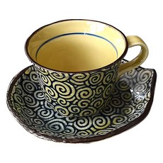 美濃燒 唐草咖啡杯皿組 日本製, 1組, 黃色 + 黑色