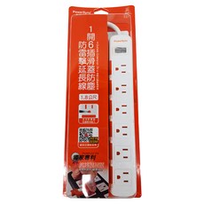 PowerSync 包爾星克 1開6插滑蓋防塵防雷擊延長線 3孔 TS6DB118 29.5 x 4.5 x 2.6cm, 1.8m, 白色, 1個
