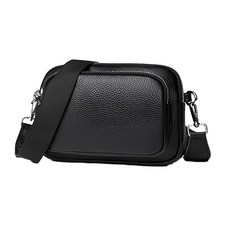 真皮頭層牛皮寬肩帶女士肩背包斜揹包小包女包 – 黑色，拉鍊，可拆卸式肩帶，280g, 20.5 x 3 x 14.5cm