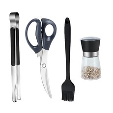 Cooksy 不鏽鋼露營燒烤4件組, 烤肉夾/剪刀/調味罐/刷具, 戶外燒烤必備, 不鏽鋼烤肉夾25.5cm + 剪刀24cm + 調味罐13 x 6.6cm + 刷具20.8cm, 1組