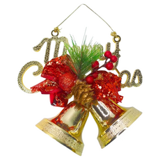 摩達客 精緻聖誕快樂英文字牌雙鐘吊飾 聖誕裝飾, 6吋, 紅色 + 金色, 1個