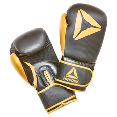 Reebok 戰鬥拳擊手套 耐用PU合成皮革 透氣網孔設計 可調節魔鬼氈, 10oz, 黑金色, 1雙