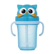 Edison Friends 2代雙握把防漏吸管學習杯, 300ml, 1個, 藍色貓頭鷹