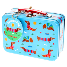 Rex LONDON 手提式不鏽鋼文具專用鐵盒/家庭置物盒 19 x 8 x 13.5cm, 臘腸狗玩耍, 1個