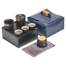 陶瓷竹材旅行茶具套組 收納盒 + 皮革提袋 + 茶葉罐 + 泡茶湖 + 公道杯 + 茶杯 黑色, 收納盒 + 皮革提袋 + 茶葉罐 + 泡茶湖 + 公道杯 + 茶杯, 黑色, CAKN0150BK, 1組