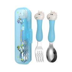 JAR嚴選 兒童304不鏽鋼可愛卡通餐具組-白色獨角獸, 附餐具盒, 湯匙 + 叉子 + 盒子, 1組