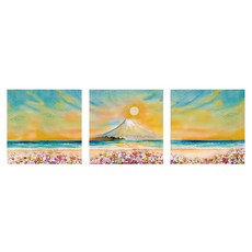 24mama 繪畫插圖時鐘掛畫 三聯式 日本富士山 春天 太陽 天空 美麗花, 40 x 40cm, 無框畫