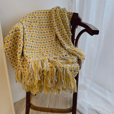 格紋針織毯子/沙發毯 127 x 170cm 棉麻混紡, 黃色