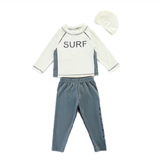兄妹長袖防曬泳衣套裝 SURF, 2XL, 米色 + 灰黑色