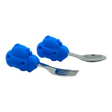 MARCUS&MARCUS 動物樂園寶寶手握訓練叉匙 Set, 1組, 湯匙 + 叉子, 河馬 藍色