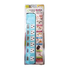 Tyson 太順電業 QPOWER 太超值 6開6插 延長線插座 3孔 110VAC 60Hz, 125VAC, 最大1650W, 防火耐燃, 2.7m, 碧藍色, 1個