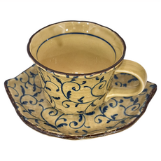 佐和陶瓷 唐草杯皿組 陶瓷材質 180mL容量 適用溫度-30°C~100°C 日本產, 黃釉, 1組