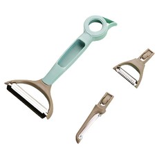 優思居 多功能雙頭削皮器 可更換3種刀頭 不鏽鋼刀頭 易拉罐開罐器 瓶蓋開瓶器, 綠色 + 淺棕色, 1個