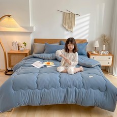 石墨烯遠紅外線可水洗立體邊棉被 雙人 6 x 7 尺 填充物:可水洗碳光羽絲絨/石墨烯纖維, 210 x 180cm, 輕奢藍