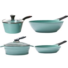 COOKFIT 電磁爐適用陶瓷塗層鍋具4件組 Magic Platina, 平底鍋 24cm+單柄鍋 18cm+雙耳鍋 24cm+深炒鍋 30cm, 綠色, 1組