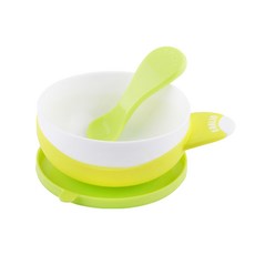 FARLIN 兒童吸盤學習碗 蹦蹦碗 Set, 符合人體工程學與寶寶抓握姿勢，矽膠吸盤底座, 綠色, 碗 + 湯匙, 1組