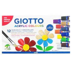 GIOTTO 學用壓克力顏料 Set 12, 12色, 內附亮光漆, 適用於多種表面, 21.5 x 12 x1.3cm, 1組, Multicolor