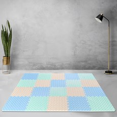 MOMOTARO 桃太郎地墊 極厚超Q樹葉紋巧拼地墊 32 x 32 x 2.5cm 36片 防撞瑜珈墊, 奶茶米 + 薄荷綠 + 天青藍