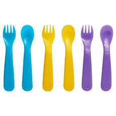 munchkin 滿趣健 冷熱感溫安全湯叉 匙口顏色隨冷熱溫度改變 符合人體工學設計 不含BPA, 藍色+黃色+紫色, 湯匙+叉子, 1組