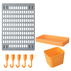 免打孔家用洞洞板置物架8件組 (42x30cm), 含置物盤/收納盒/掛勾, 材質: PS, 中國製, 灰色 + 黃色, 1組