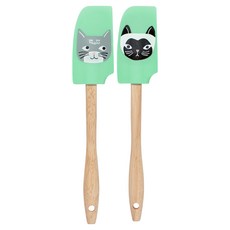 NOW 迷你木柄 可愛造型矽膠刮刀 木柄舒適好握 耐高溫不傷鍋具, 2支, 貓咪青