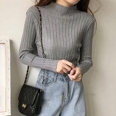 買到戀愛 女款韓版半高領彈性修身顯瘦針織上衣 R643 衣長56cm 肩寬30cm 胸寬35cm 袖長58cm, 衣長56cm, 肩寬30cm, 胸寬35cm, 袖長58cm, 灰