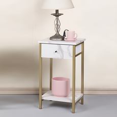 鐵木真 收納側邊桌床頭桌, 28x28x50CM, 鐵管松木實木, 大理石紋白色