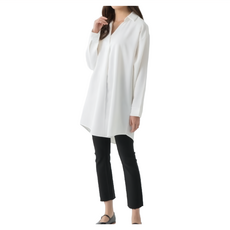 CARET 女款長版襯衫 - 寬鬆版型 長袖 V領, 白色, 均碼