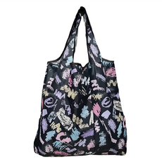 FIFIOO 超質感厚實環保購物袋 大容量 可折疊收納, 40 x 38cm, 黑底多色素材圖案