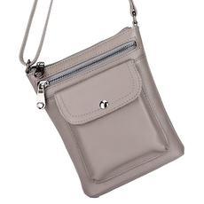 女士肩背包/斜肩包/手機包/小包/女包 頭層牛皮 翻蓋袋x1 拉鍊袋x2 可調節牛皮肩帶, 灰色