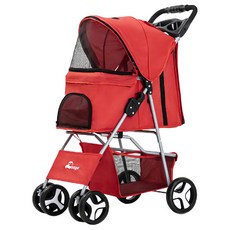 Doogo 寵物四輪推車 紅色 透氣舒適 平穩設計 寵物外出推車首選, 1台